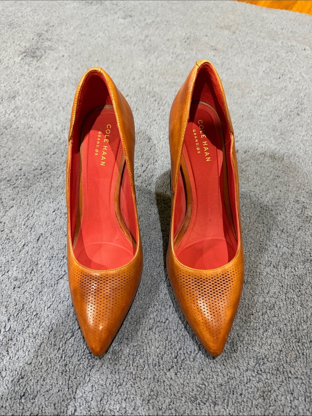Cole Haan Orange/Tan Pointed Leather Pumps with Red Insole